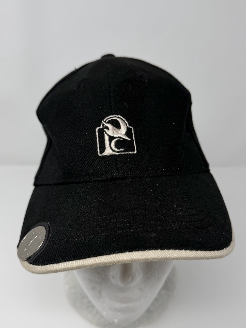 Black Baseball Cap with White Embroidered Logo and and magnetic golf coin
